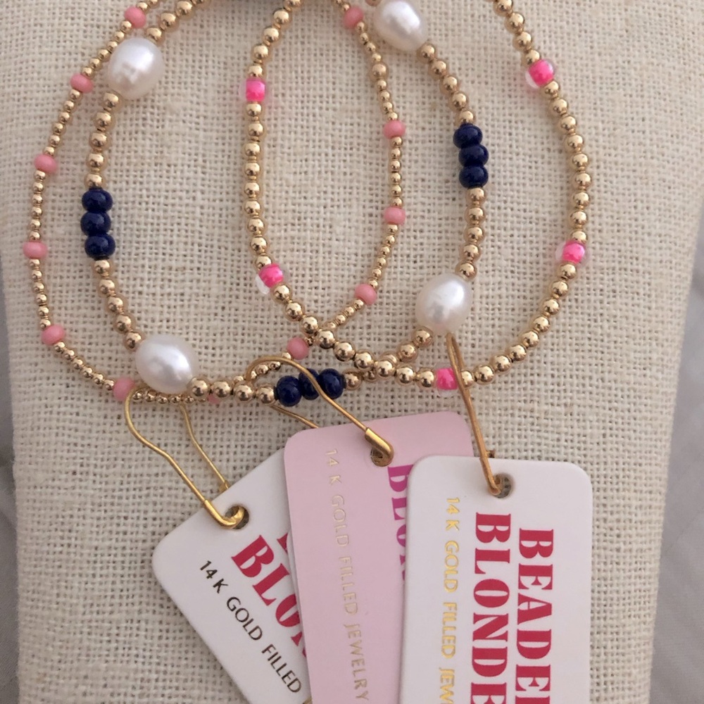 Beaded Blonde Navy & pink Bead Bracelet Trio with Pearl Accents NWT